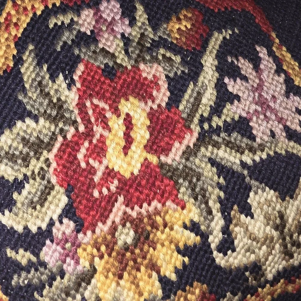 2 Vtg Needlepoint 12x12 Floral Gold Navy Wool Zip Grannycore Sofa Throw Pillows